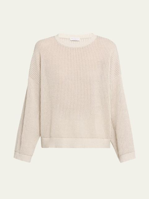 Brunello Cucinelli Metallic Openwork Cotton Rib Crewneck Sweater