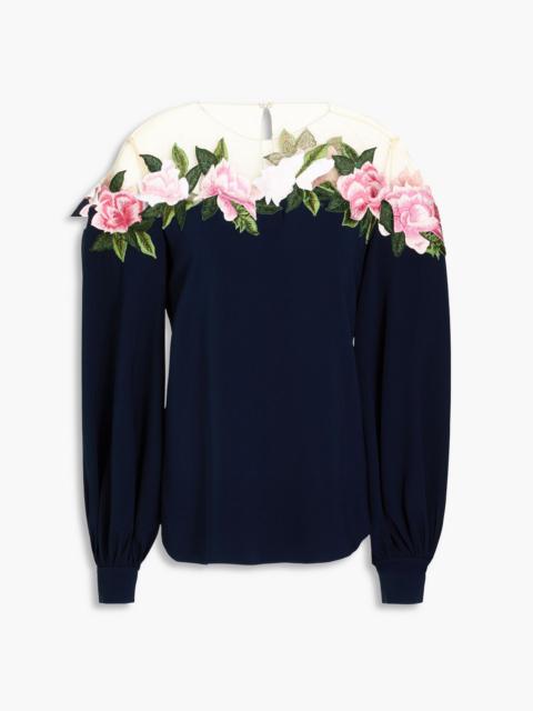 Oscar de la Renta Embroidered tulle-trimmed crepe blouse