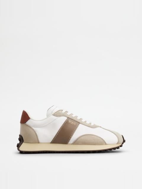 Tod's SNEAKERS IN LEATHER AND TECHNICAL FABRIC - BEIGE, WHITE, BROWN