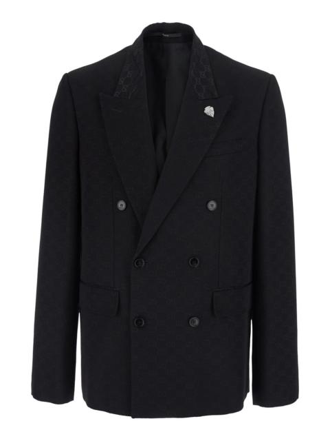 GUCCI Gucci Men Black Double-Breasted Jacket With Peak Revers And Gg Motif In Cotton Blend For Men
