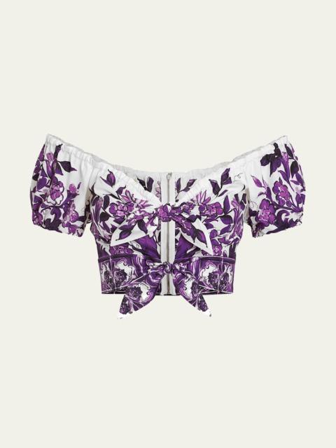 Dolce & Gabbana Majolica Poplin Off-The-Shoulder Puff-Sleeve Crop Top