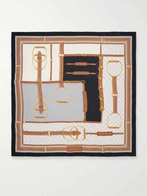 GUCCI Printed silk-twill scarf Gray