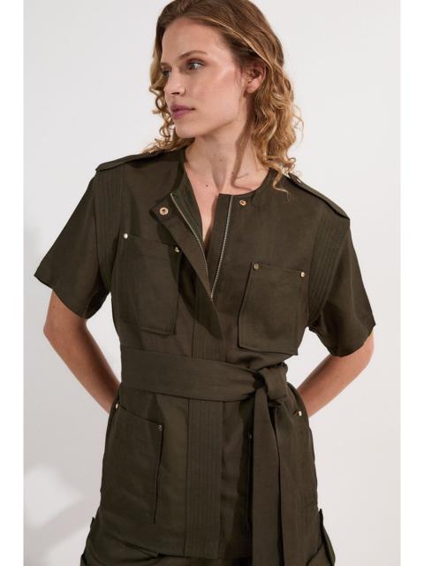 KAREN MILLEN Linen Twill Top Stitch Belted Top With Gold Studs