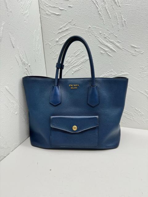 Prada Prada Cross-Grain Leather Tote Bag Gold Blue Navy
