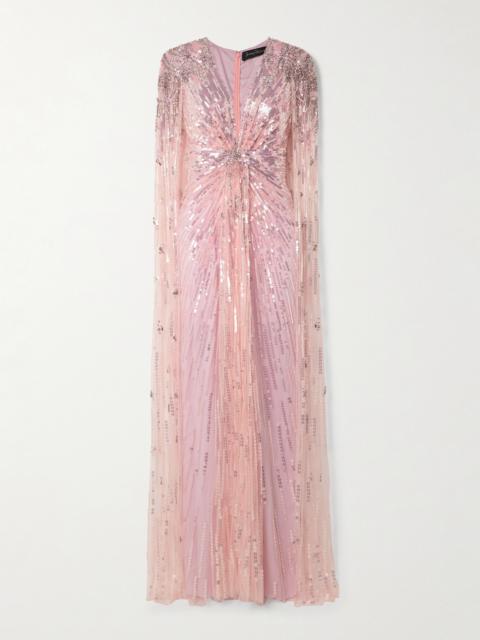 JENNY PACKHAM Gold Rush Embellished Cape-effect Tulle Gown