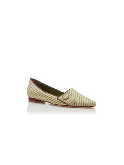 Manolo Blahnik Green and Beige Silk Striped Flat Pumps