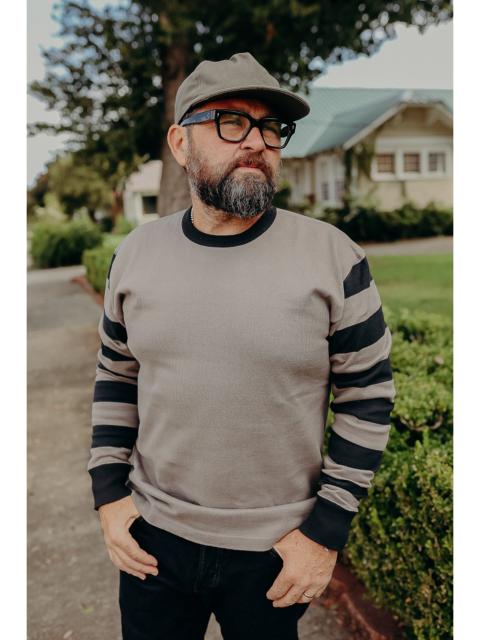 Iron Heart 11OZ COTTON KNIT LONG-SLEEVED SWEATER - GREY BODY WITH STRIPES IHTB-12-GRY