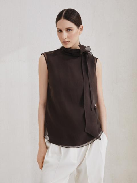 Brunello Cucinelli Crispy silk pussybow top with monili