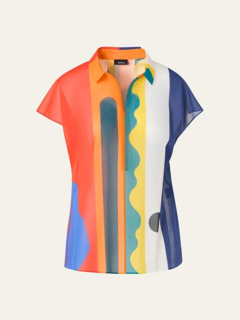 AKRIS Abstract-Print Cap-Sleeve Zipper Shirt