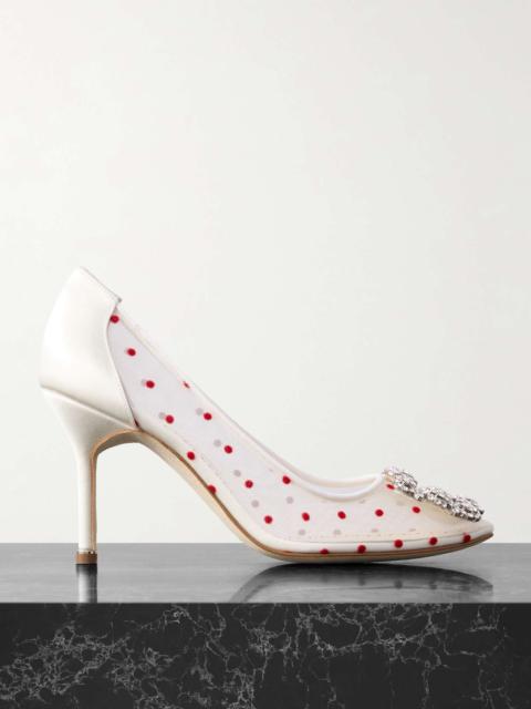 Hangisi 90 satin-trimmed crystal-embellished flocked mesh pumps White