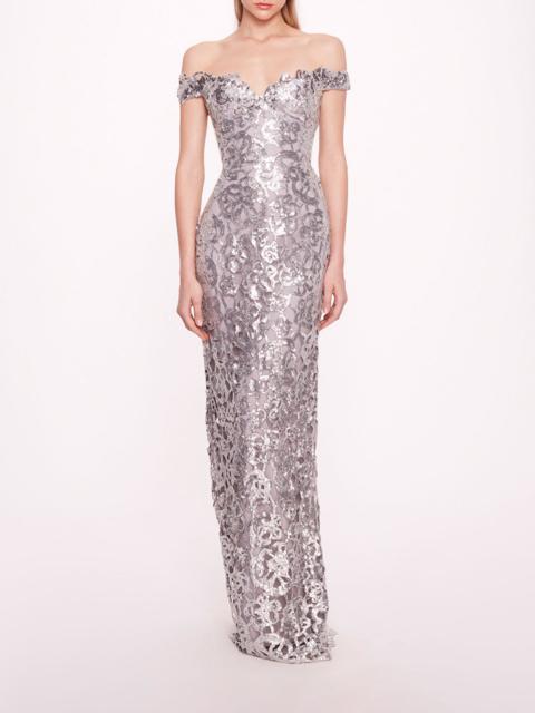Marchesa OFF SHOULDER NECKLINE SEQUIN GOWN