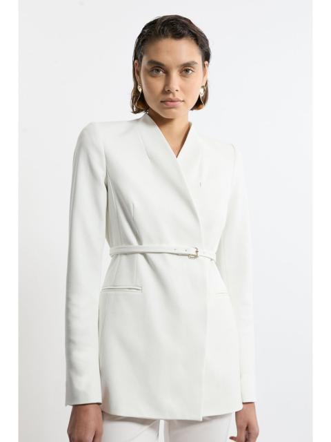 KAREN MILLEN Structured Crepe Tailored Collarless Belted Blazer