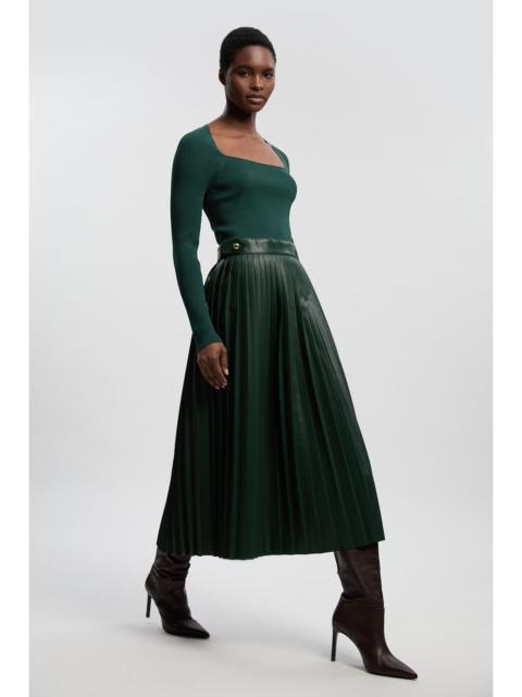 KAREN MILLEN Viscose Rib Pu Mix Tab Detail Pleated Knit Midi Dress