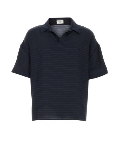 SAINT LAURENT Saint Laurent Men Navy Blue Silk Oversize Polo Shirt