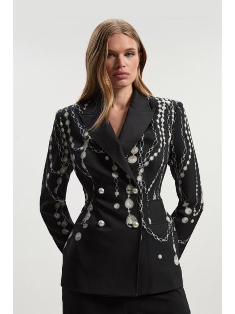 KAREN MILLEN Archive Collection - Pearl Chain Print Satin Double Breasted Tailored Blazer