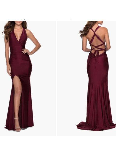 Other Designers New! La Femme‎ #28677 Satin Jersey Trumpet Gown Dark Berry Dress Sz 8 $348