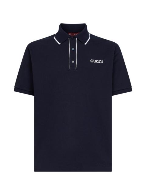 GUCCI Gucci Men Navy Blue Cotton Pique Embroidered Polo Shirt