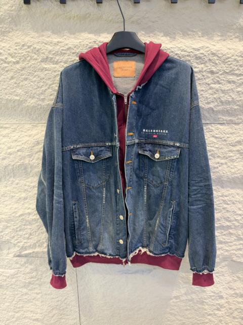 BALENCIAGA Balenciaga Red Patchwork Hooded Faux Layered Denim Jacket