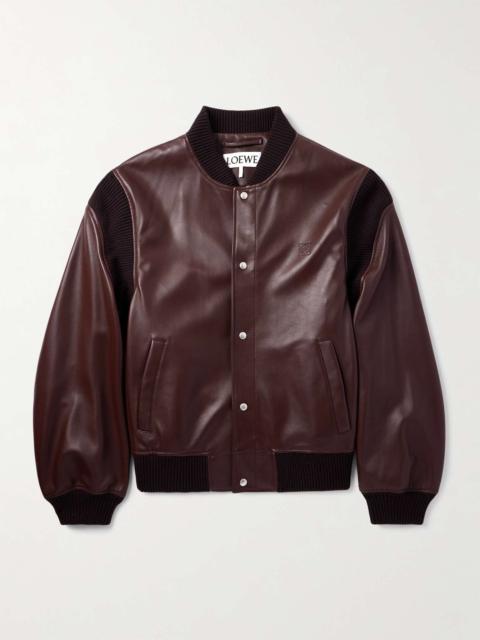 Logo-Debossed Ribbed-Knit Trimmed Leather Bomber Jacket