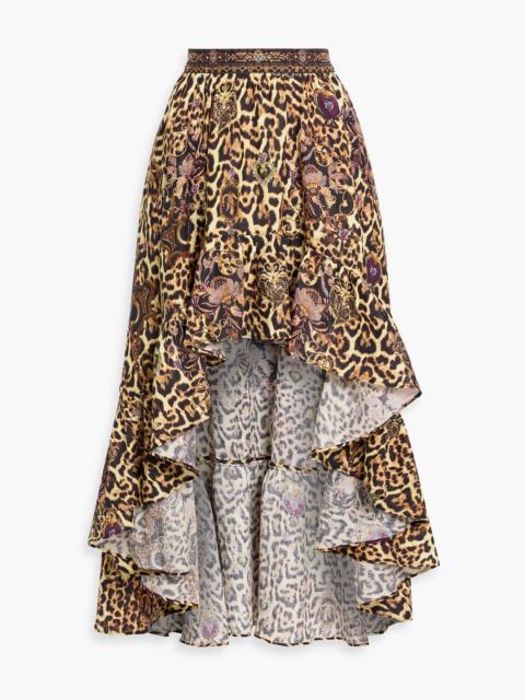 CAMILLA Asymmetric crystal-embellished leopard-print linen skirt