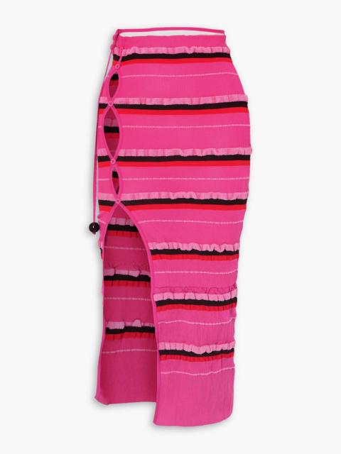 JACQUEMUS Concha cutout striped ruched seersucker midi skirt
