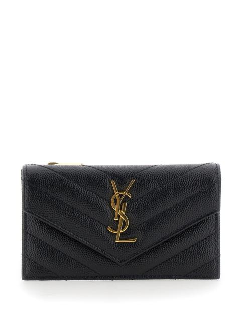 Saint Laurent Women 'Cassandre' Black Zip Card Case With Flap In Embossed Leather Woman Saint Lauren