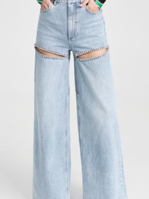 AREA Wide Leg Crystal Slit Jeans