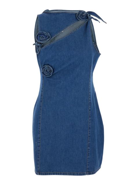 Coperni Women Blue Asymmetric Sleeveless Mini Dress With Cut-Out Detail And Floral Patches In Denim 
