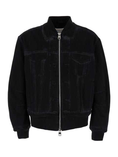Alexander McQueen Alexander Mcqueen Men Black Bomber Jacket With Ghostwash Print In Cotton Denim Man