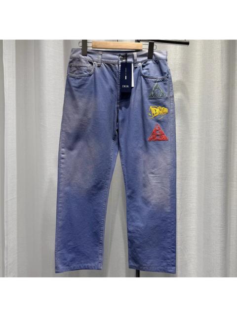 Dior Dior Embroidered Logo Tie-Dye Straight-Leg Leather Patch Blue Jeans