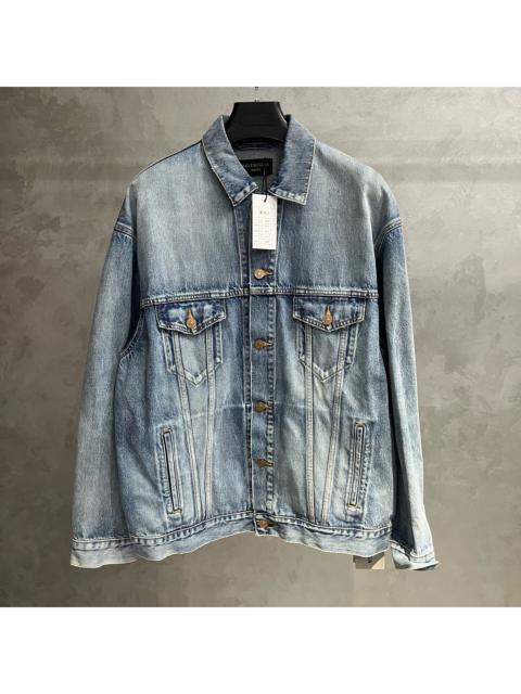 BALENCIAGA Balenciaga Blue Washed & Distressed Denim Jacket with Checkerboard Letter Patches, Embroidery, and F