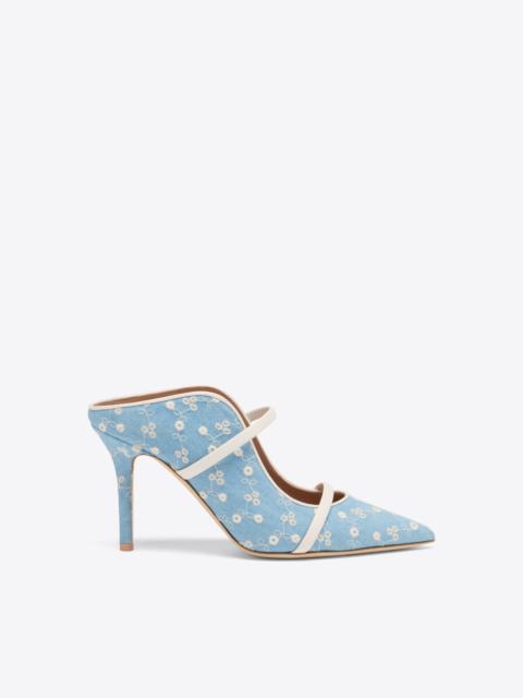 MALONE SOULIERS Maureen 85 Blue Floral Denim Heeled Mules