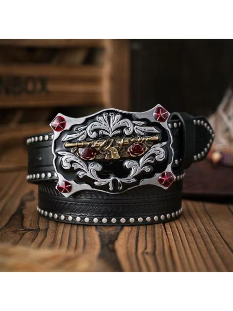 floral gun carved buckle pu Leather belt