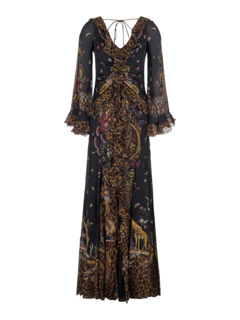 Etro Etro Women Brown Long Dress With V-Neck And Ruffled Sleeves In Tech Fabric Women