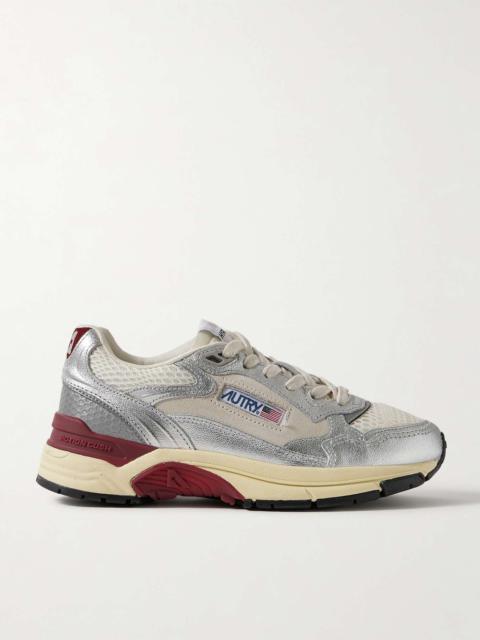 Hyperway Low mesh and suede-trimmed metallic leather sneakers Silver