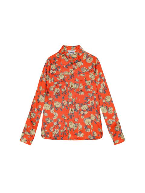 GANNI ORANGE FLORAL PRINTED SATIN SHIRT