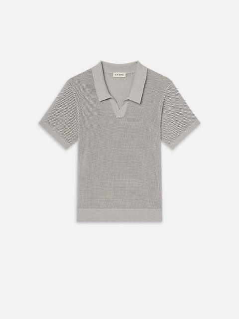 FRAME Open Weave Polo Sweater in Grey Blue