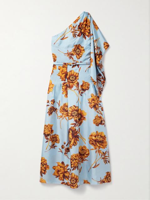 Oscar de la Renta One-shoulder Belted Draped Floral-print Silk-twill Midi Dress