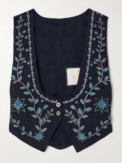 Agua by Agua Bendita Esmeralda Relicario Embroidered Linen Cropped Top