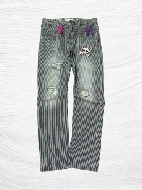 COLZA DOUBLE WAIST STRIPED SKELETON PATCHES DISTRESSED DENIM