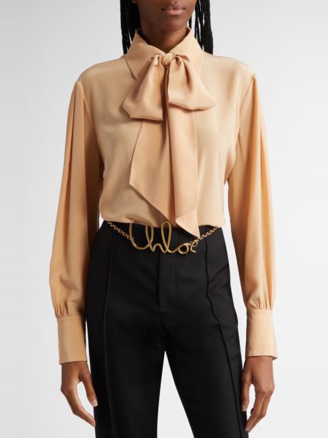 Chloé Tie Neck Silk Crêpe de Chine Button-Up Shirt in Sand Brown at Nordstrom