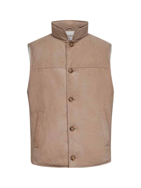 Brunello Cucinelli Beige suede sleeveless down jacket