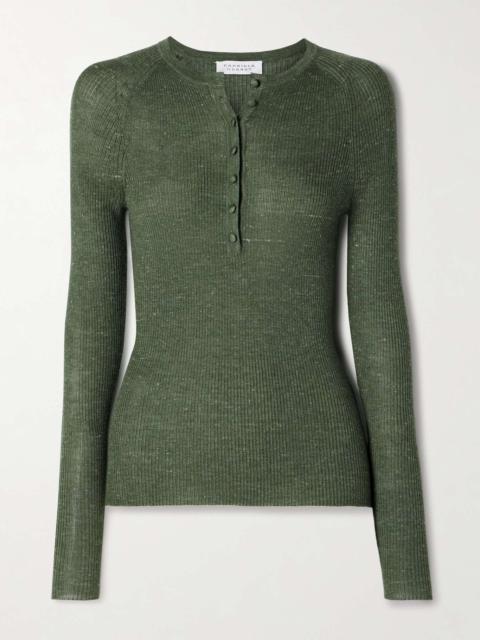 Anges ribbed-knit cashmere, silk and hemp-blend Henley top Green