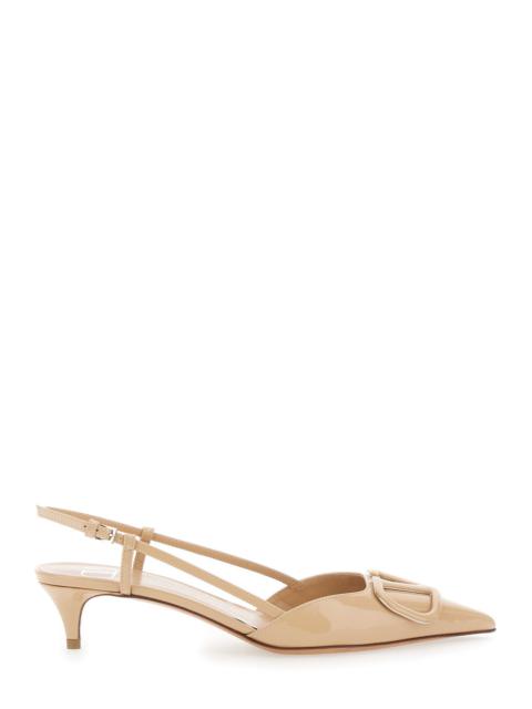 Valentino Garavani Women Beige Slingback Pumps With Vlogo Plaque And Low Stiletto Heel In Leather Wo