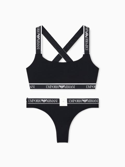 EMPORIO ARMANI ASV ICONIC ORGANIC-COTTON BRALETTE AND BRAZILIAN BRIEFS SET WITH LOGO BAND