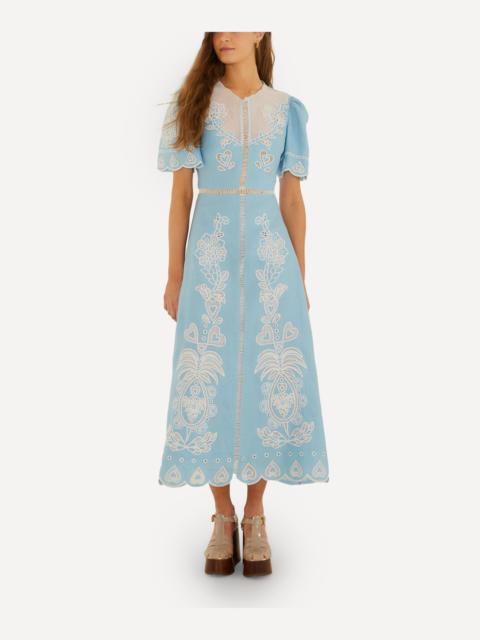 FARM RIO Light Blue Embroidered Midi Dress