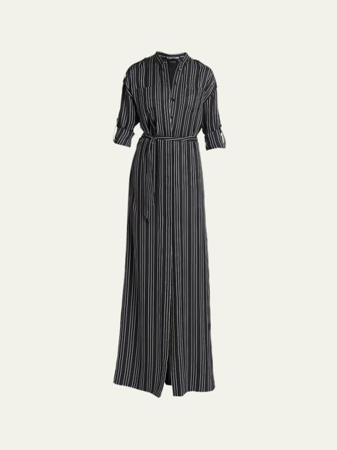 TOM FORD Striped Silk Long-Sleeve Belted Maxi Shirtdress