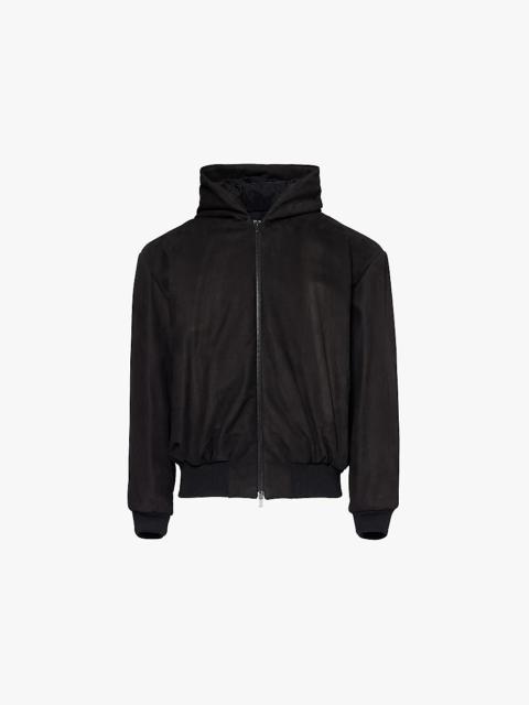 Hooded relaxed-fit leather bomber jacket