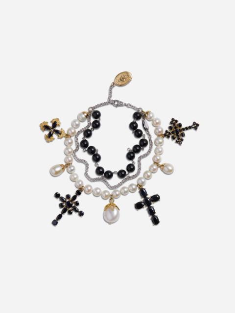 Dolce & Gabbana Yellow and white gold family bracelet with cblack sapphire, pearl and black jade beads