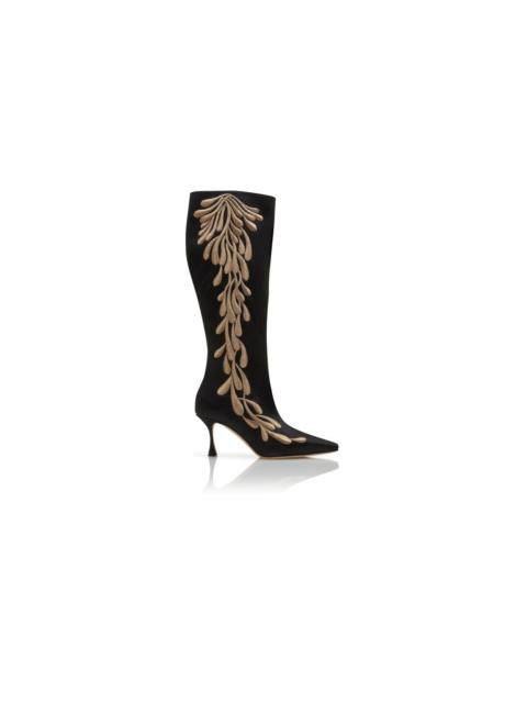 Manolo Blahnik Black and Gold Satin Knee High Boots